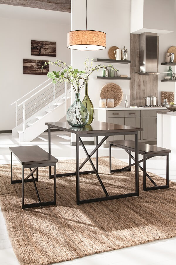 modern dark brown metal and wood dining table set with bench seats