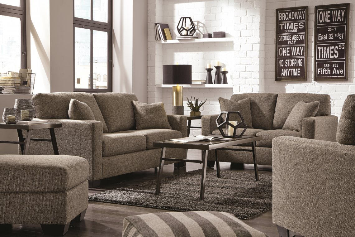 This ash sofa and loveseat keeps a neutral but high-fashion look with its tweed weave upholstery