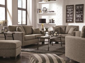 This ash sofa and loveseat keeps a neutral but high-fashion look with its tweed weave upholstery