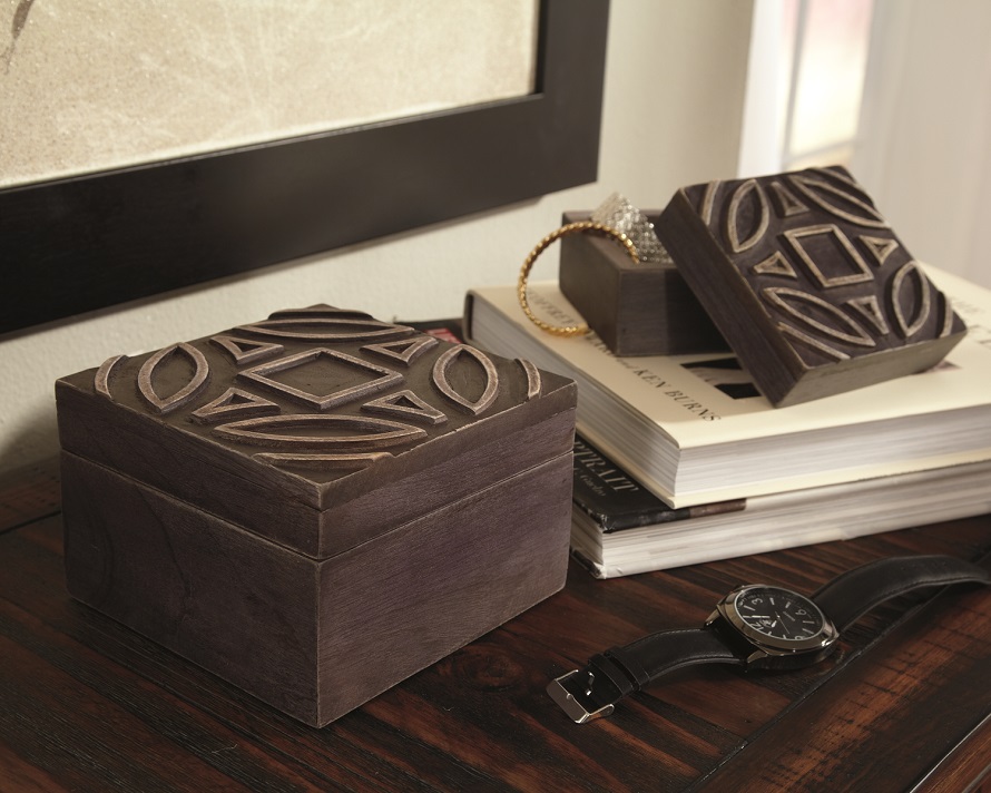decorative wooden boxes finished with a rubbed black color and raised shapes