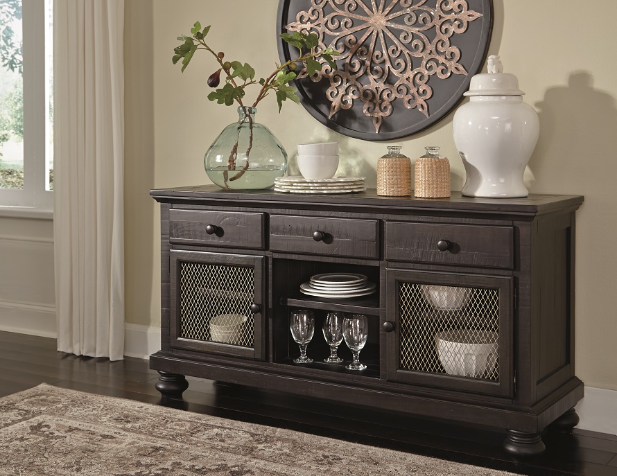 dining room buffet with ample storage in a distressed dark charcoal finish