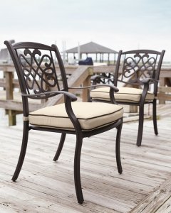Brown ourtoor swivel chair with a tan cushion on a dock with the water in the background.