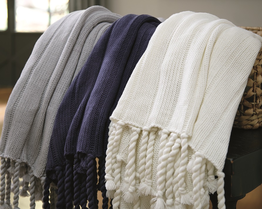 column knit throw blankets available in solid gray, blue or white