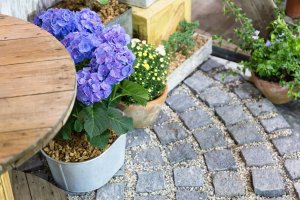 Purple flower in a flowerpot on stone blocks floor.