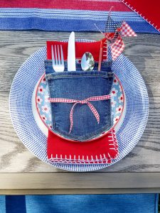 Red whit and blue denim napkin display for memorial day