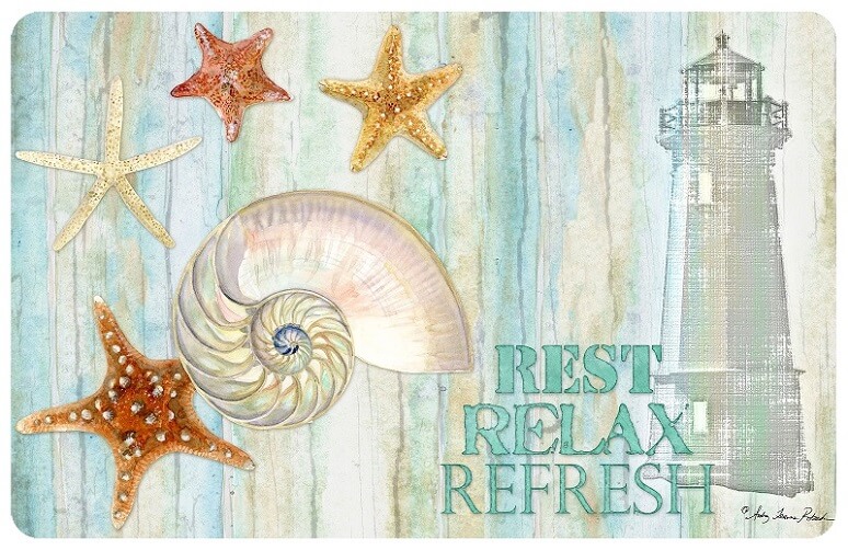 a coastal and beachy welcome doormat with sea shells and the mat reading "rest, relax and refresh"