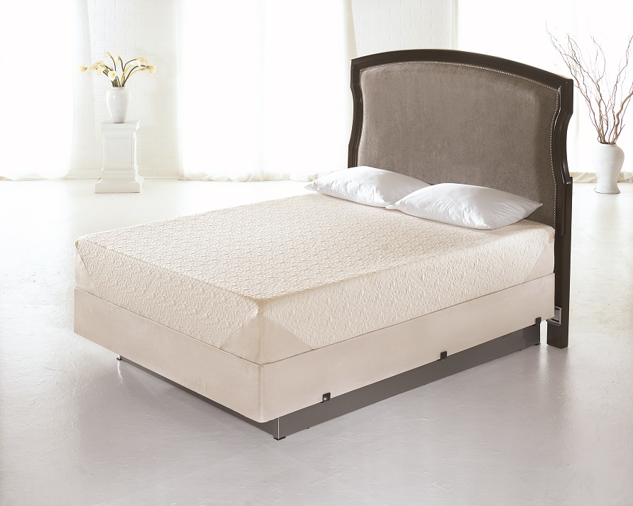 Tempur-Pedic mattress in a large white empty room. 