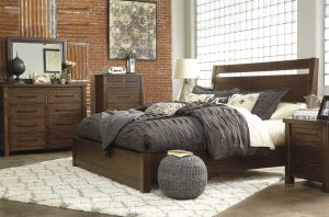 dark brown natural wood bed frame and furniture set