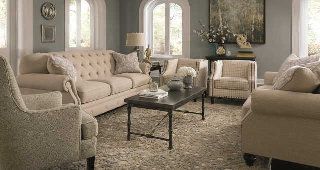 Charming Textured Twill Natural Hues Living Room Furniture Sets with Traditional Style Detail