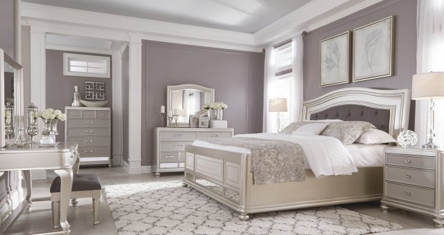 Coralayne upholstered silver bed frame and furniture set with vanity