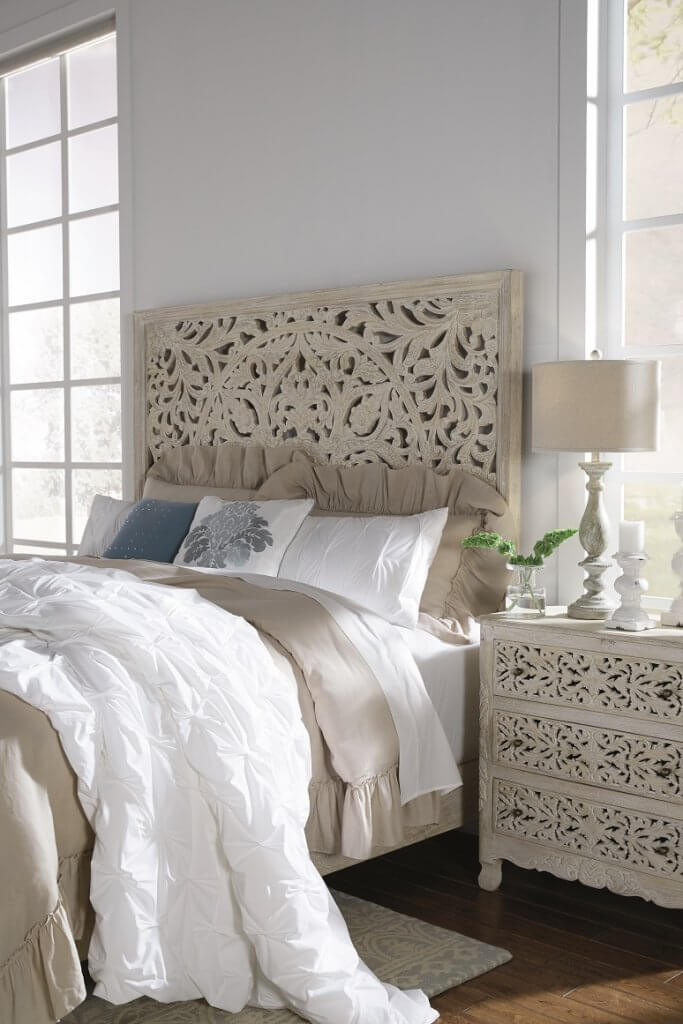 king panel headboard and night stand in contemporary white