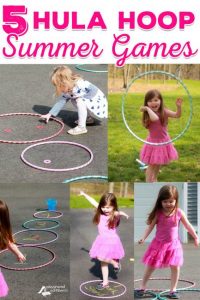 Multiple little girls playing with hula hoops and creating a hopskotch with them.