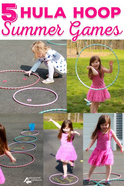 Multiple little girls playing with hula hoops and creating a hopskotch with them.