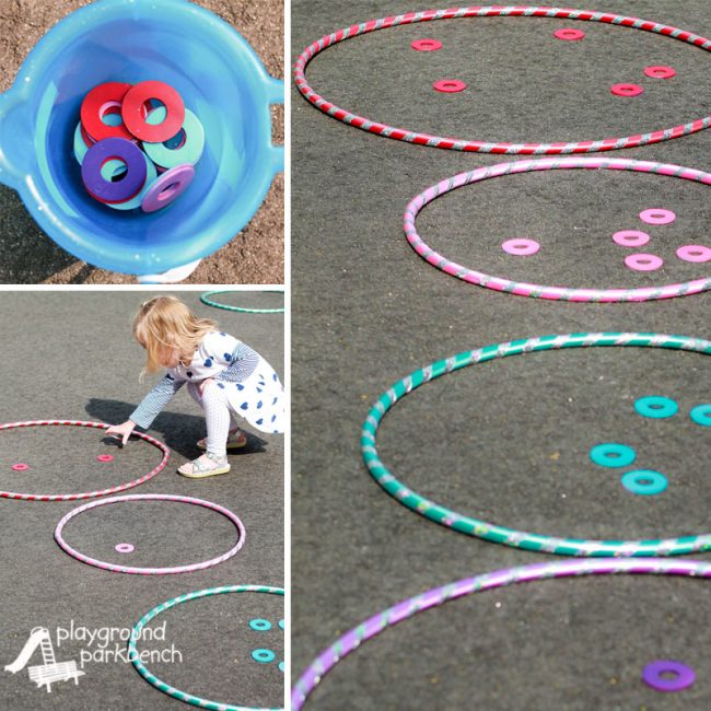 little girl playing with hula hoops and creating a hopscotch. 