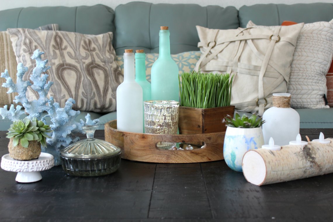 Coffee table decorated with a coastal theme