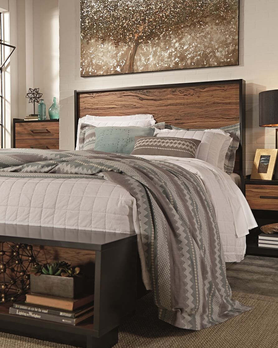 Contemporary black and brown queen bedroom set with dresser and night stand