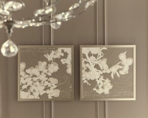 elegant cherry blossom rendering with abstract scripting wall art set