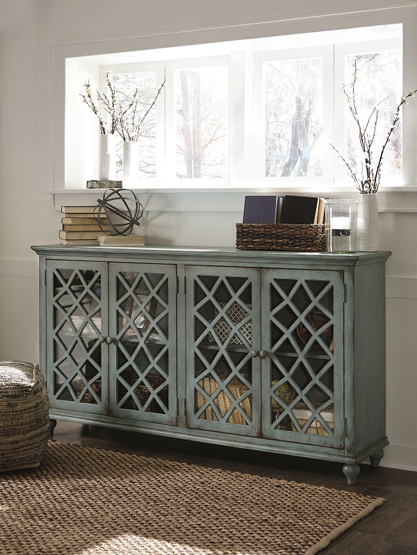 antique style buffet with lattice frame glass doors