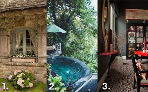 3 snapshots of travel destination, the first is a country cottage, the second is tropical, the third is modern.