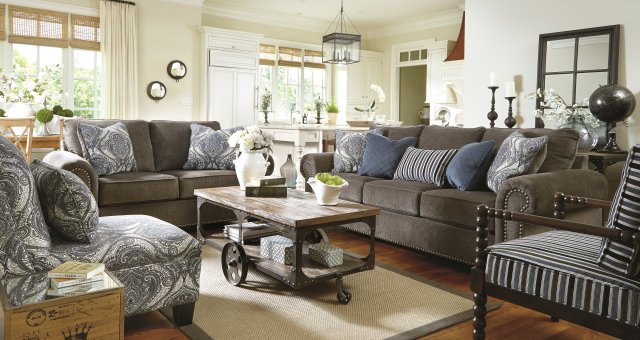Charcoal Gray Sofa and Lovseat with Patterned Accent Chairs