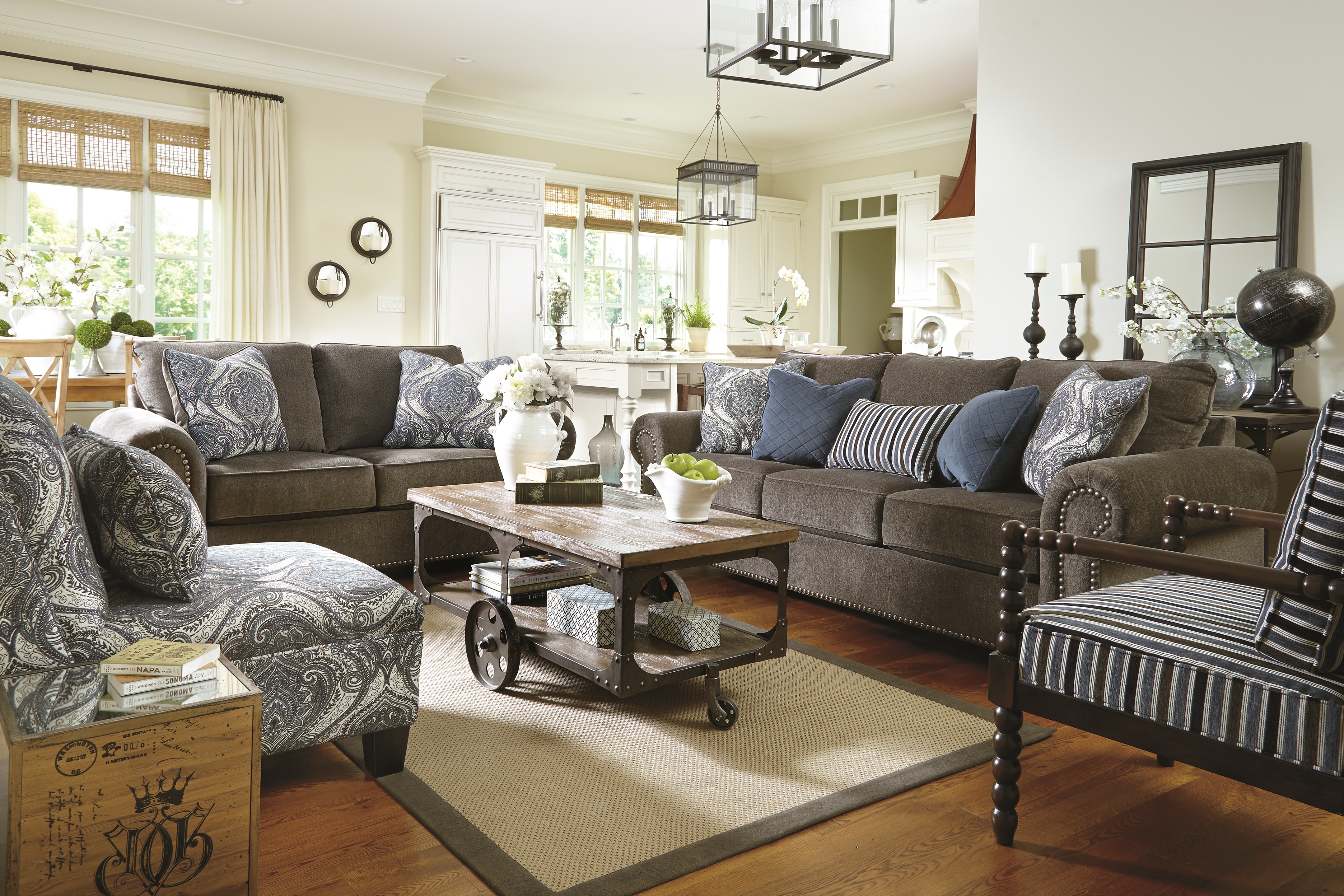 Charcoal Gray Sofa and Lovseat with Patterned Accent Chairs