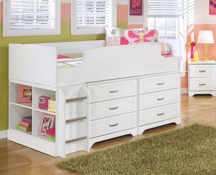 White twin bed with extra storage great for kids and little girls room.