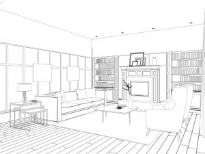 Sketch or drawing of a living room layout design.