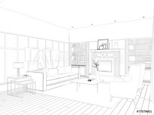 sketch of a living room design.