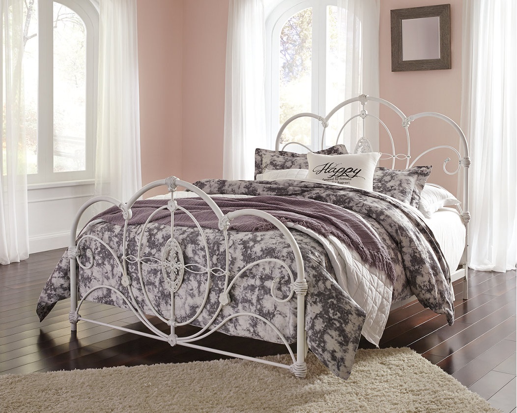 White metal frame queen bed