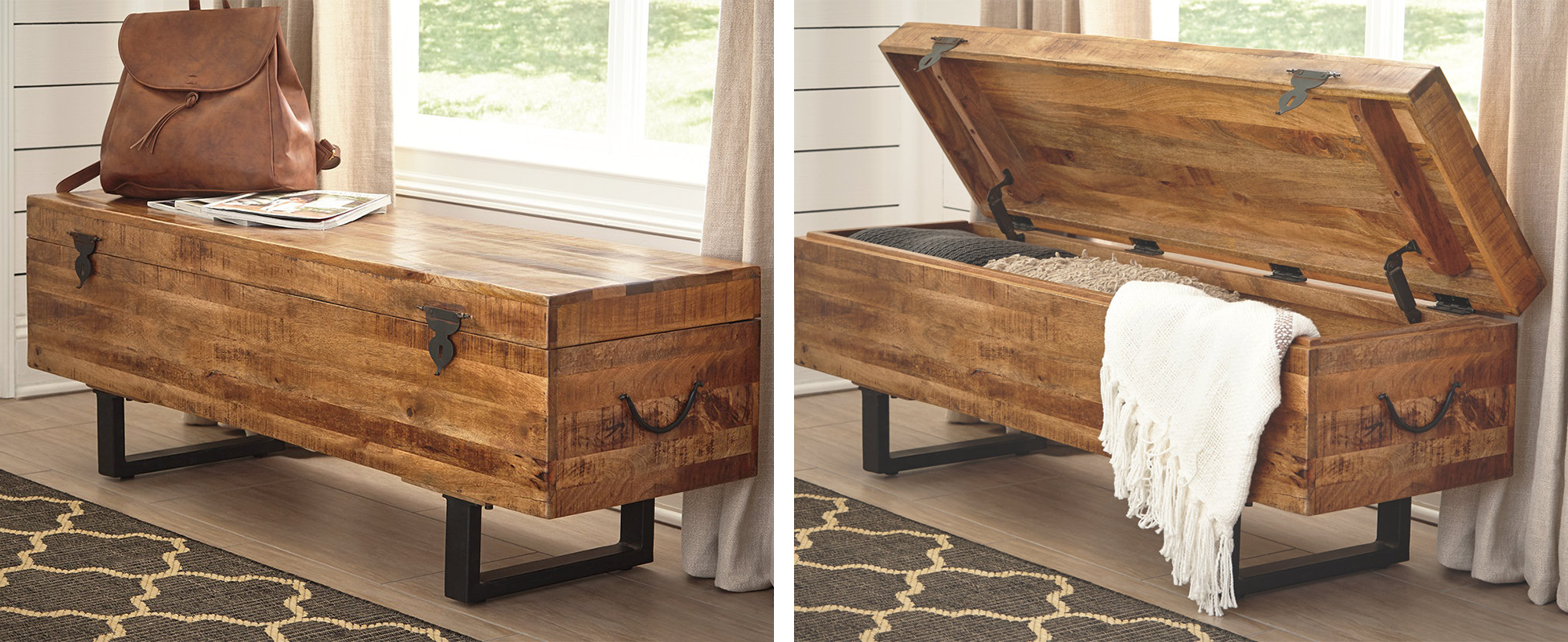 Brown wooden rustic bench that opens up for extra storage.