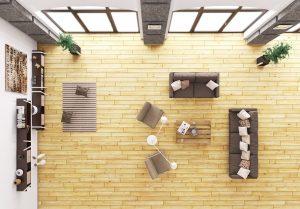 Top view of modern living room interior with sofa and armchairs 3d render