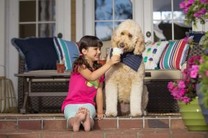 little girl feeding a dog an ice cream cone