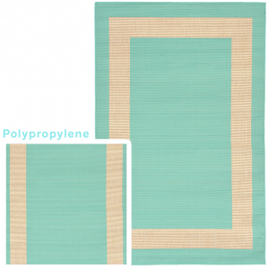 Polypropylene rug in blue and tan.