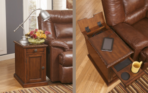 Brown wooden side table with a place to charge the phone and cup holders to hold your drinks