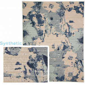 Synthetic rug with blue and tan floral designs.