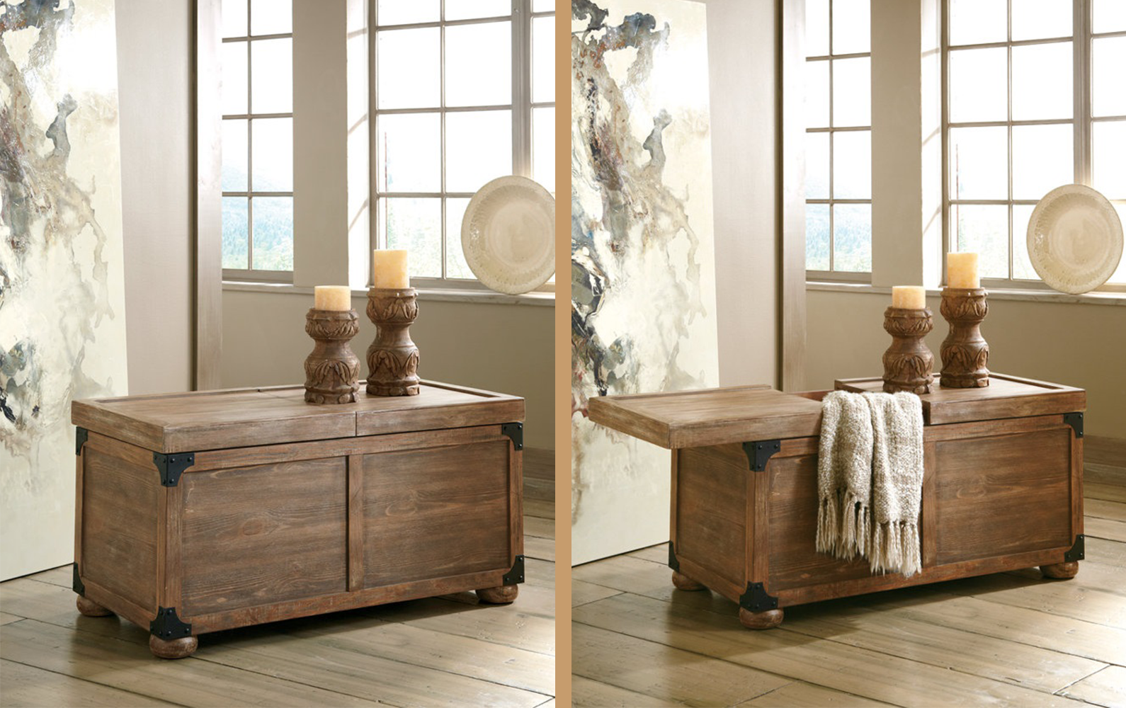 Rustic farmhouse coffee table with storage shown with storage tops closed and shown with it open.