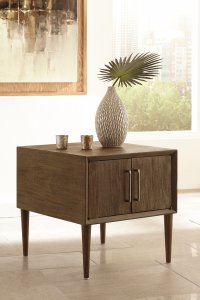 retro inspired end table with vertical pull doors