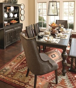 plank topped kitchen table and dining room chairs with bench paired with buffet and hutch