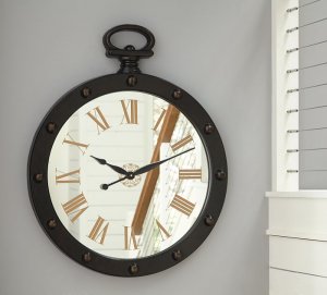 Brown Finished Wall Clock with Rivet Accent. Mirror Face with Gold Finished Roman Numerals
