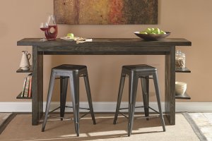 these long counter tables have convenient integrated shelves paired with retro inspired metal bar stools