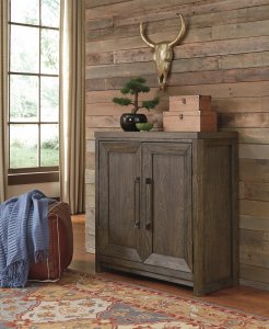 rustic chic accent cabinet with a grayish brown finish