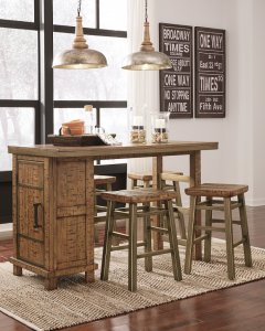 contemporary warm brown counter table with storage and stools