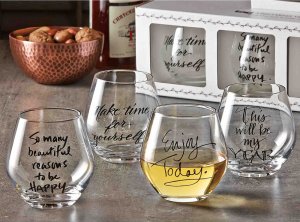 set of four stemless wine glasses with sentimental decals