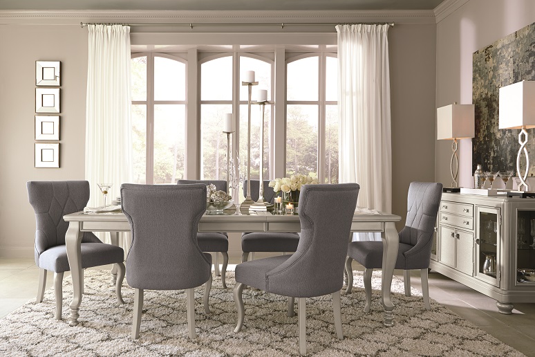 light silver gray extension dining room table and chairs with server buffet