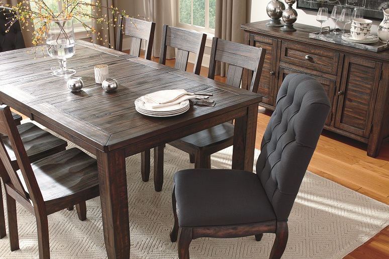 detail of dining room set in dark brown finish