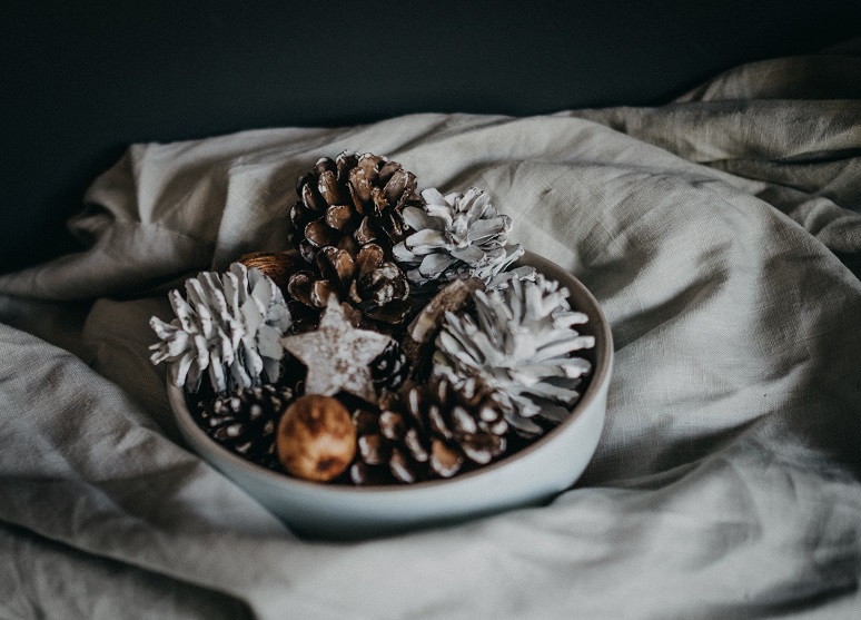 Bowls of pine cones with spray paint on top to look like snow.