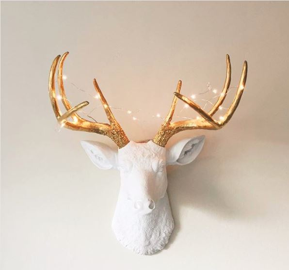A deer head with lights wrapped around the antlers.