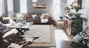 large living room with layered rugs to complete a boho look.