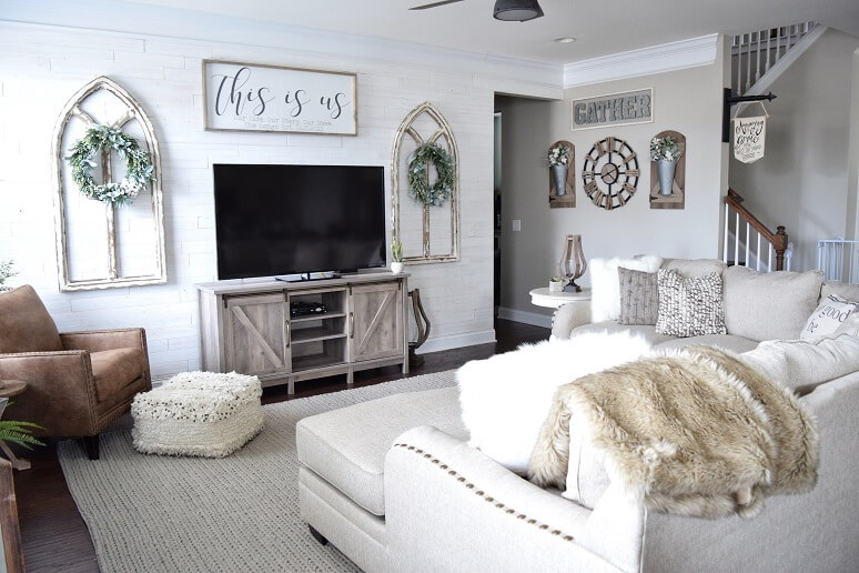 Room shot of coastalcraftymama's living room with neutral tones and farmhouse decor.
