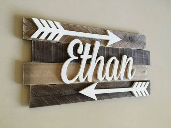 The name ethan on a wooden wall decor above a crib..
